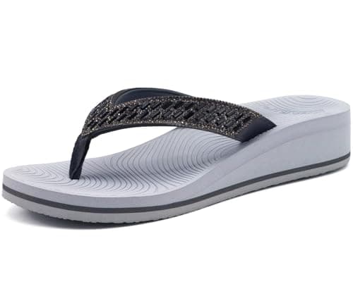 KuaiLu Women's Comfortable Rhinestone Platform Flip Flops