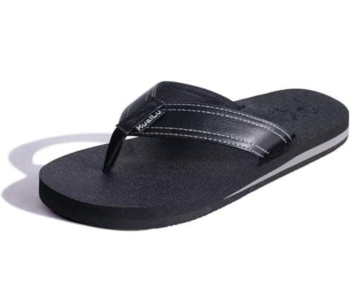 KuaiLu Men's Yoga Mat Leather Flip Flops with Arch Support