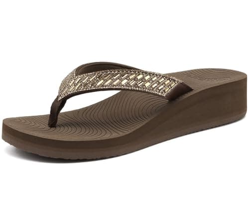 KuaiLu Women's Comfortable Rhinestone Platform Flip Flops
