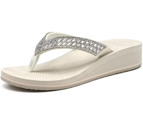 KuaiLu Women's Comfortable Rhinestone Platform Flip Flops