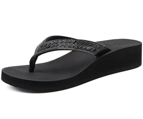KuaiLu Women's Comfortable Rhinestone Platform Flip Flops