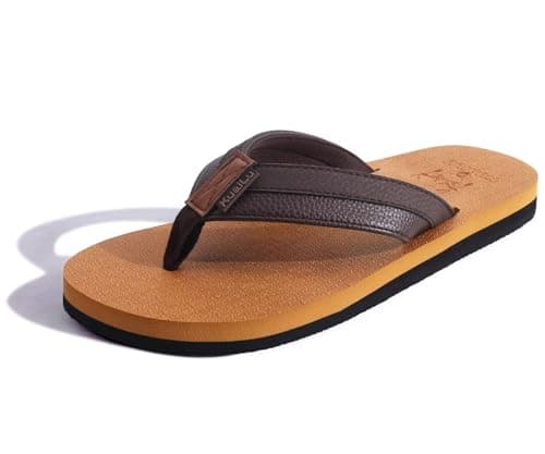 KuaiLu Men's Yoga Mat Leather Flip Flops with Arch Support
