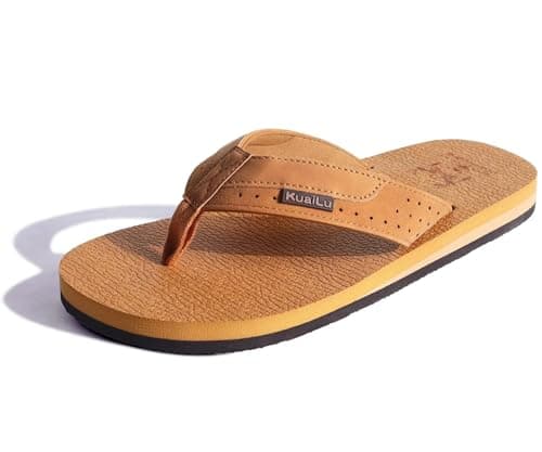 KuaiLu Men's Yoga Mat Leather Flip Flops with Arch Support
