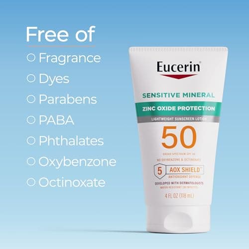 Eucerin Mineral Sunscreen Lotion SPF 50 for Sensitive Skin, Zinc Oxide Protection, 4 Fl Oz Tube