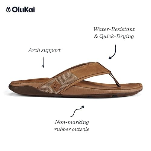 OLUKAI Tuahine Men's Quick Dry Beach Flip-Flops, Waterproof Leather & Wet Grip Soles