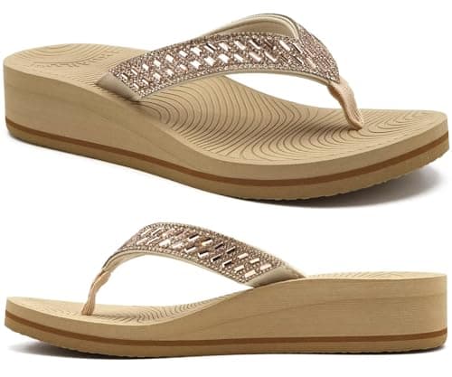 KuaiLu Women's Comfortable Rhinestone Platform Flip Flops