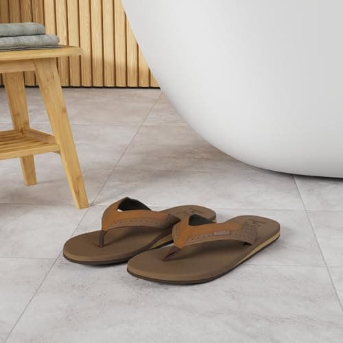 KuaiLu Men's Yoga Mat Leather Flip Flops with Arch Support