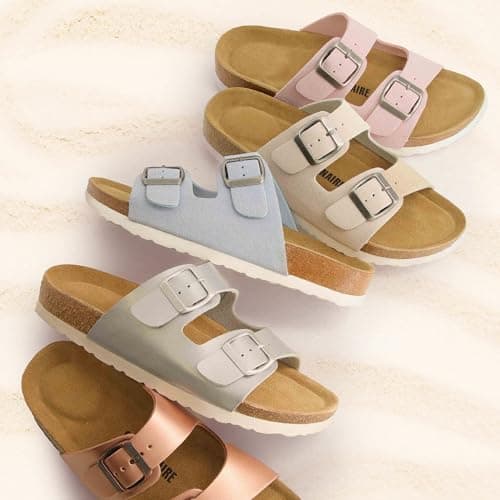 CUSHIONAIRE Lane Cork Footbed Sandals for Women – Comfortable Slip-OnSlides with Suede & Arch Support