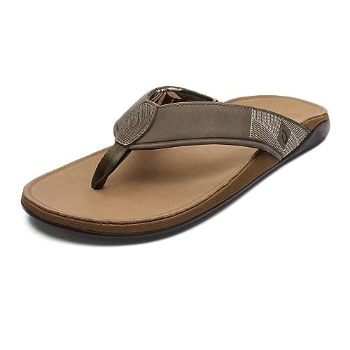 OLUKAI Tuahine Men's Quick Dry Beach Flip-Flops, Waterproof Leather & Wet Grip Soles