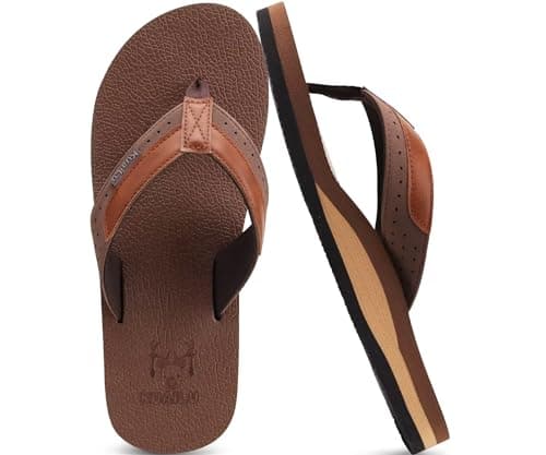 KuaiLu Men's Yoga Mat Leather Flip Flops with Arch Support