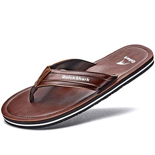 Quickshark Men's Arch Support Leather Thong Flip Flops Beach Slippers