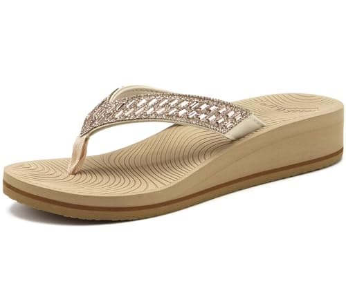 KuaiLu Women's Comfortable Rhinestone Platform Flip Flops