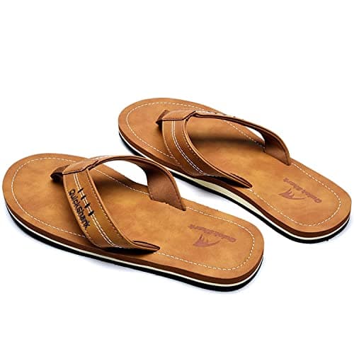 Quickshark Men's Arch Support Leather Thong Flip Flops Beach Slippers