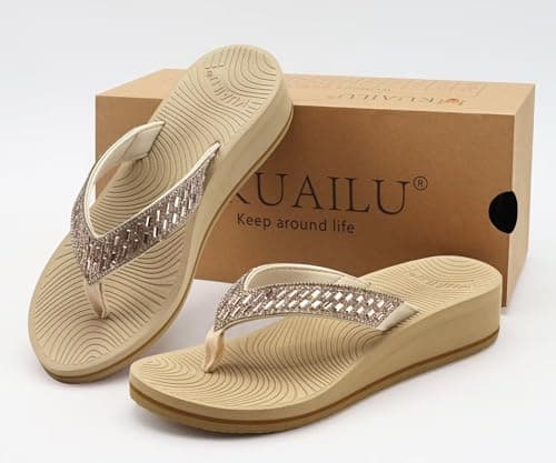 KuaiLu Women's Comfortable Rhinestone Platform Flip Flops