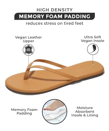 Foundations Women's Memory Foam Flip Flops - Vegan Leather Summer Slides