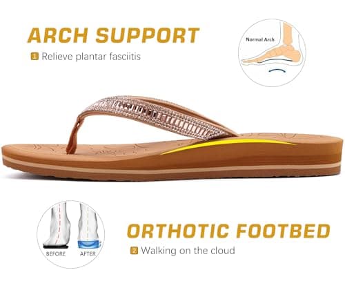 ONCAI Women's Rhinestone Flip Flops with Arch Support & Plantar Fasciitis Relief