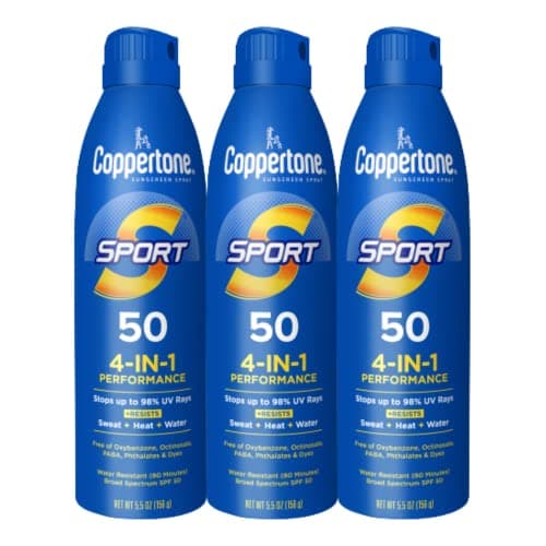 Coppertone Sport Water Resistant SPF 50 Sunscreen Spray, Pack of 3 (5.5 Oz Each)
