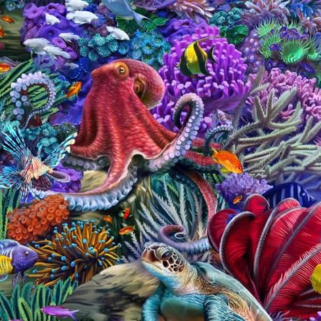 Cotton Fabric QT at Coral Reef with Fish and Octopus