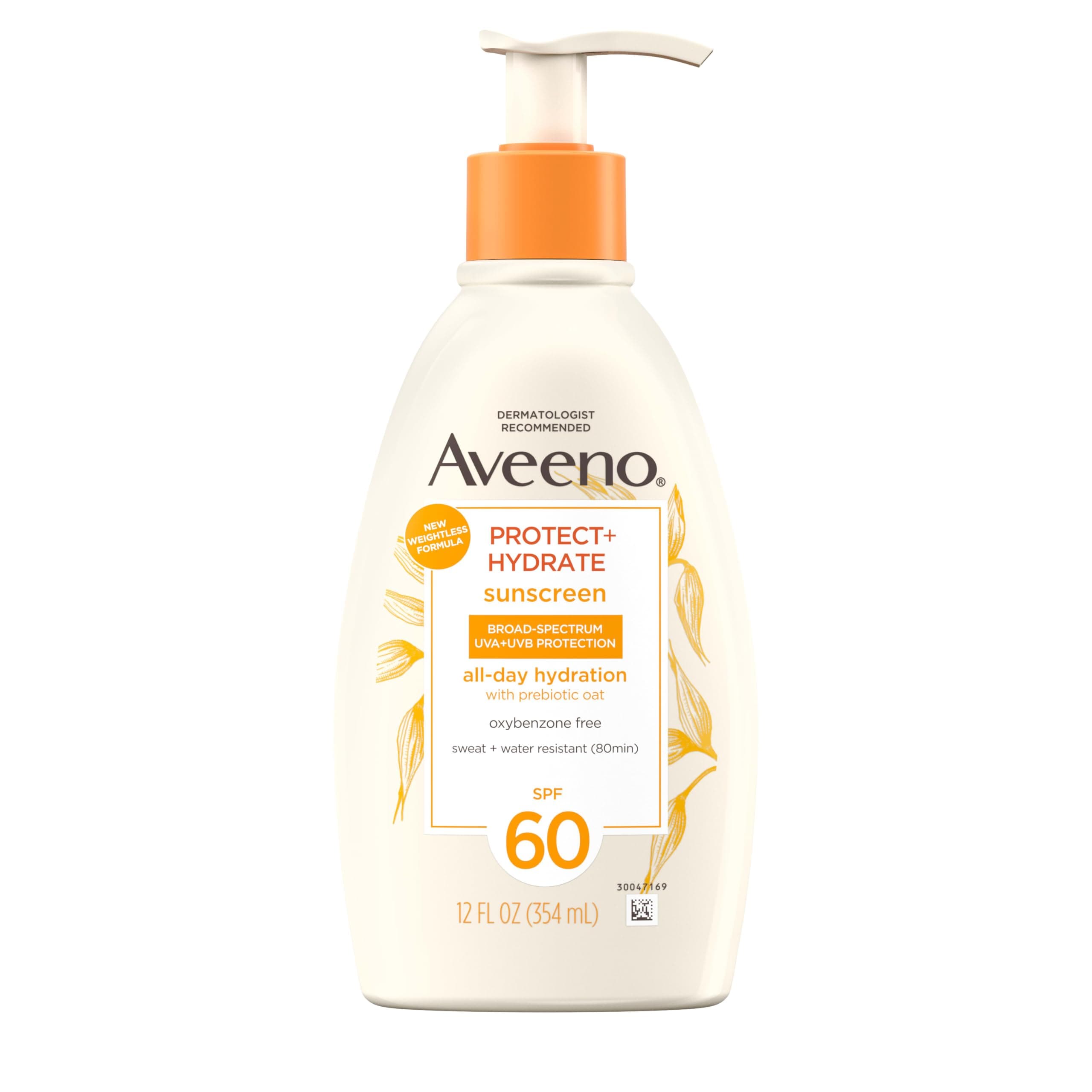 Aveeno Protect + Hydrate Broad Spectrum SPF 60 Sunscreen Lotion, Prebiotic Oat, 12 FL OZ