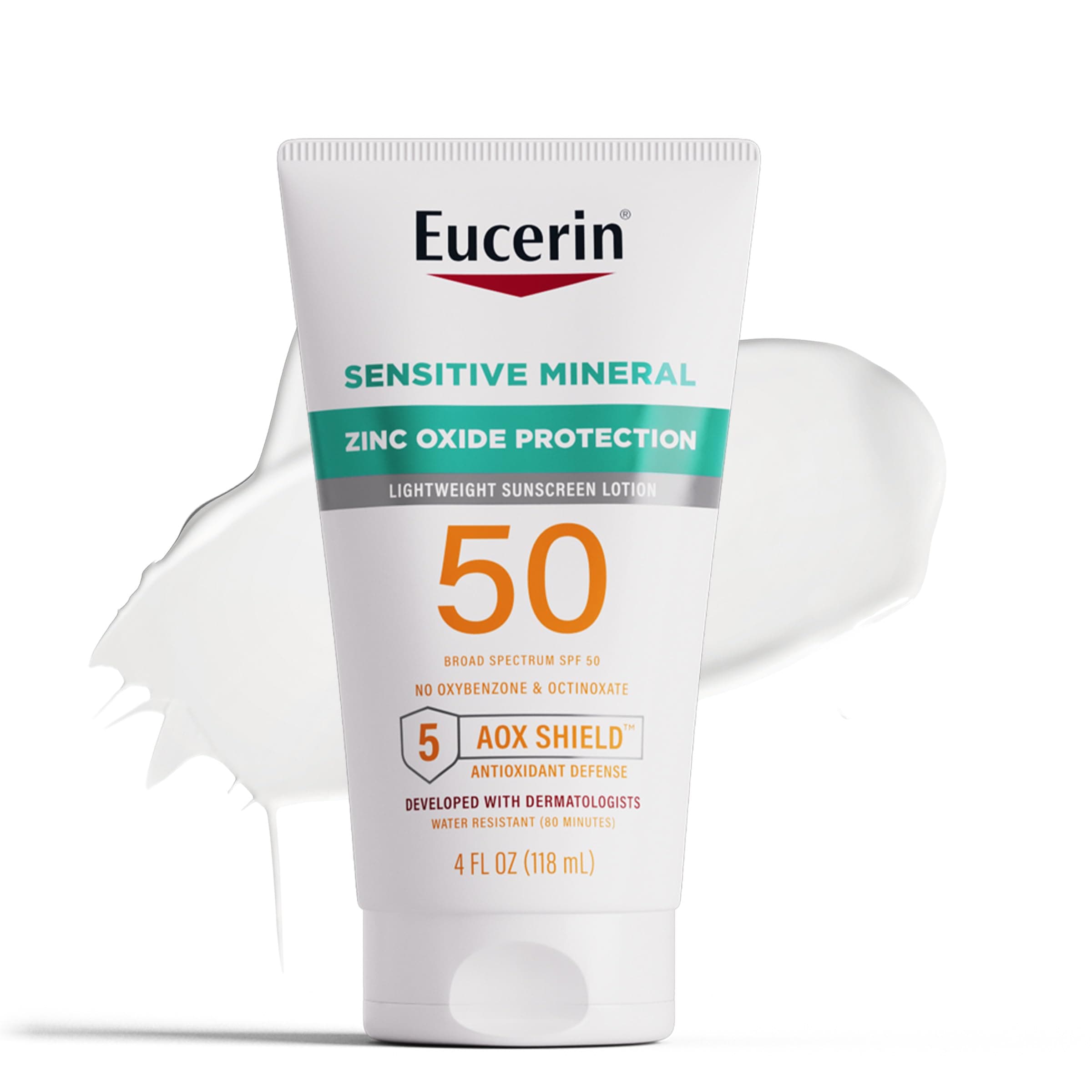 Eucerin Mineral Sunscreen Lotion SPF 50 for Sensitive Skin, Zinc Oxide Protection, 4 Fl Oz Tube