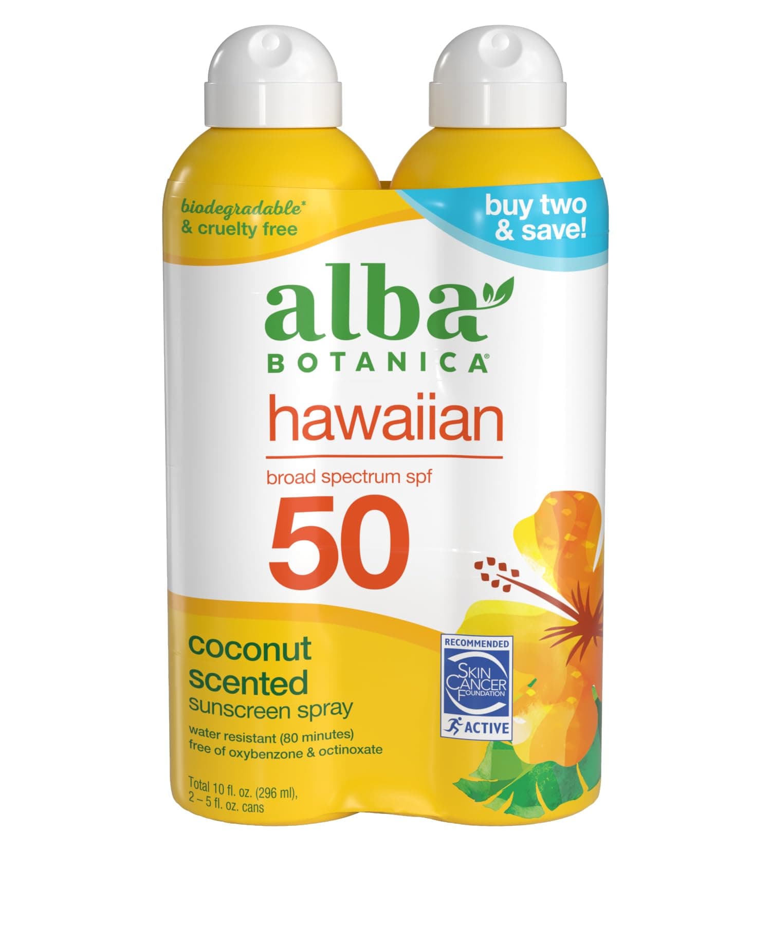 Alba Botanica Hawaiian Coconut Broad Spectrum SPF 50 Sunscreen, Water Resistant, Biodegradable (Pack of 2)