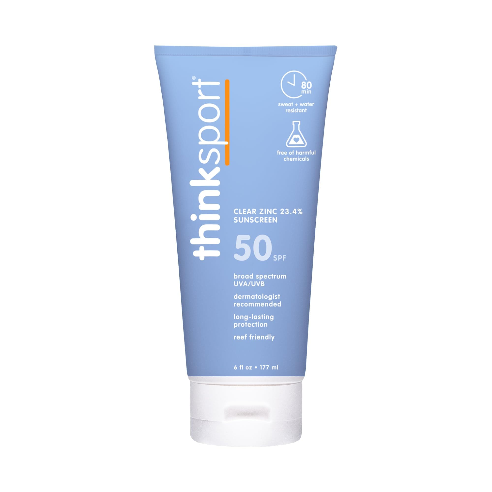 Thinksport Clear Zinc Oxide SPF 50 Sunscreen, 6 Fl Oz, Water Resistant & Reef Safe