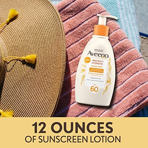 Aveeno Protect + Hydrate Broad Spectrum SPF 60 Sunscreen Lotion, Prebiotic Oat, 12 FL OZ