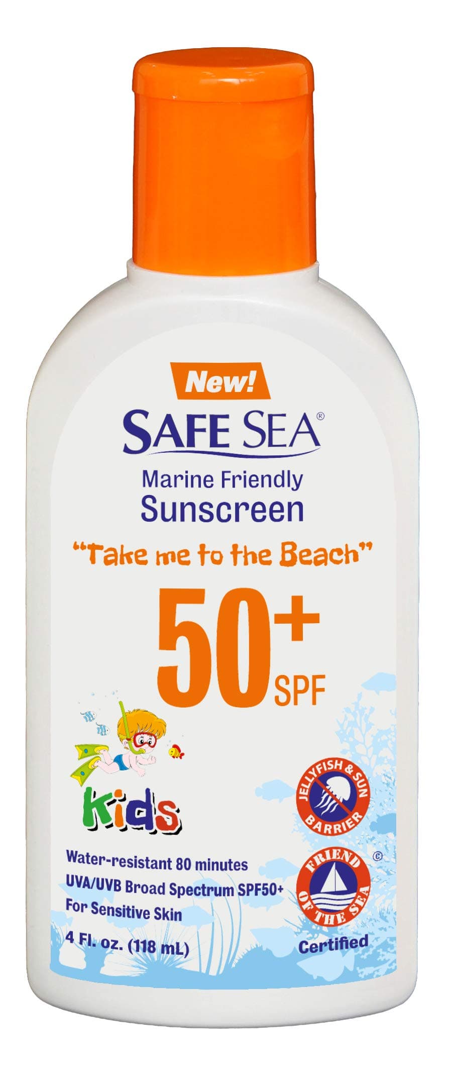 Safe Sea Jellyfish Sting-Blocking Kids Sunscreen, SPF 50+, 4oz, Waterproof, Biodegradable – Reef-Safe Body & Face Protec