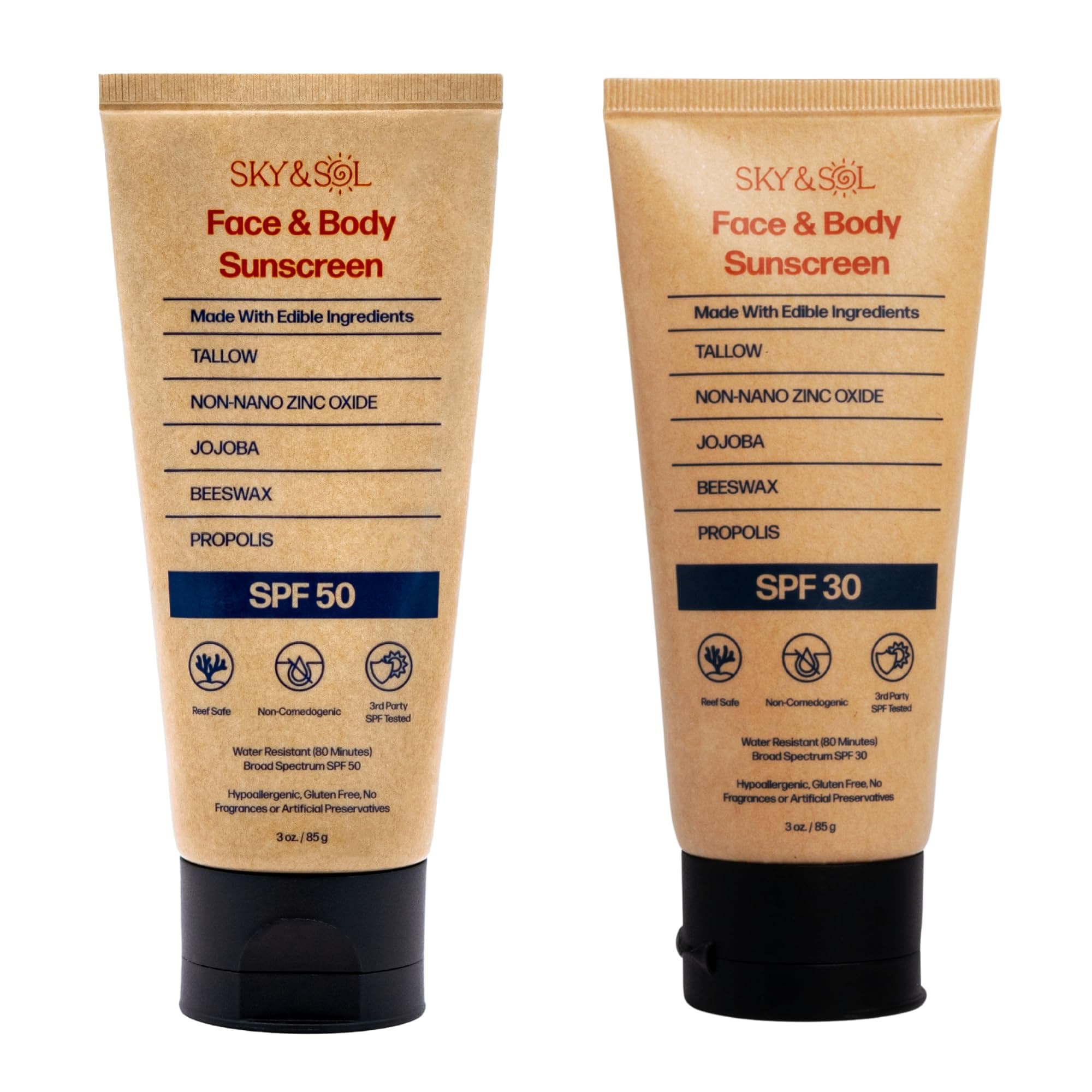 Reef Safe Sunscreen SPF 30 & 50, Natural Tallow & Zinc Oxide, Water Resistant, Fragrance-Free