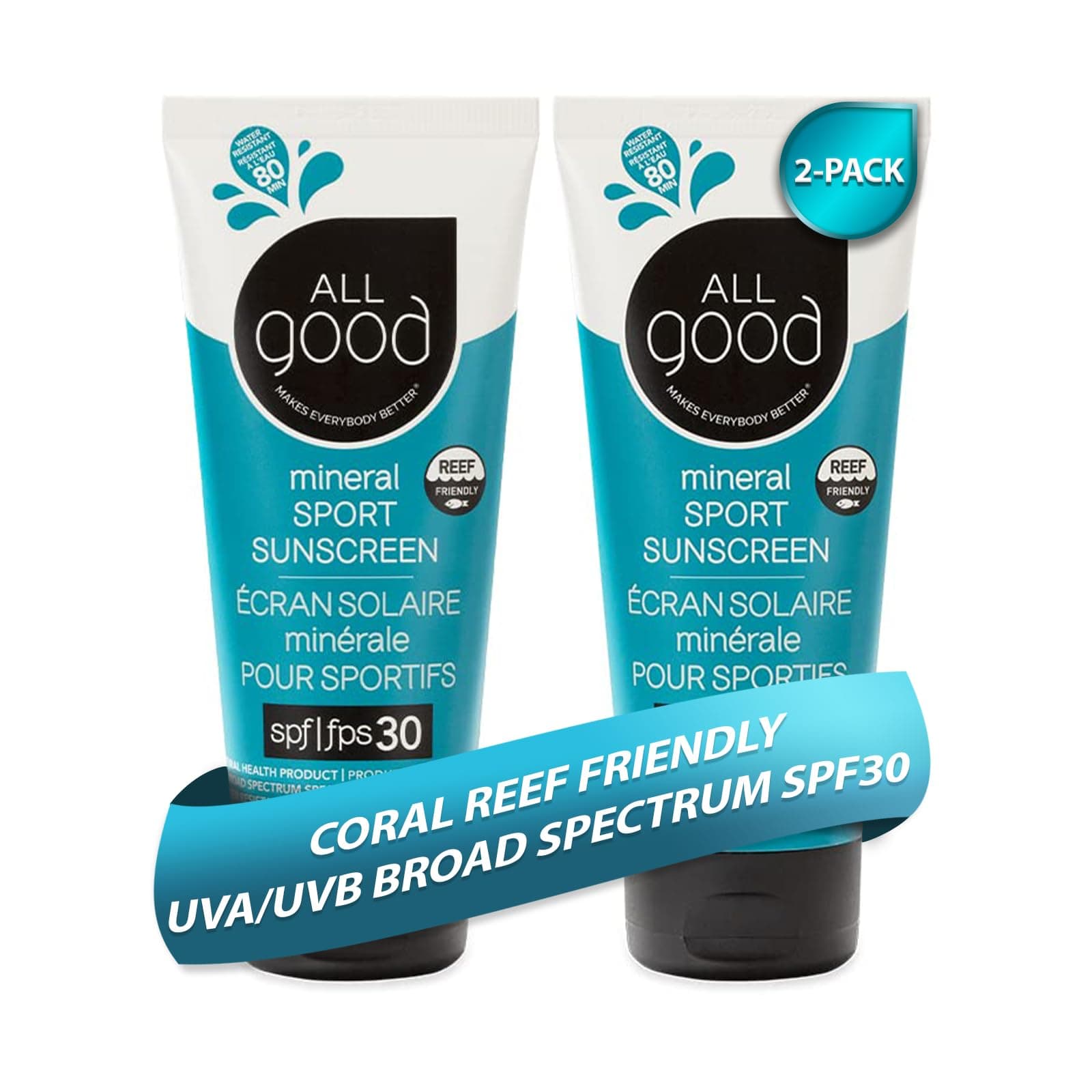 All Good Sport Mineral Sunscreen Lotion, SPF 30+, Reef Friendly, 2-Pack (3 oz)