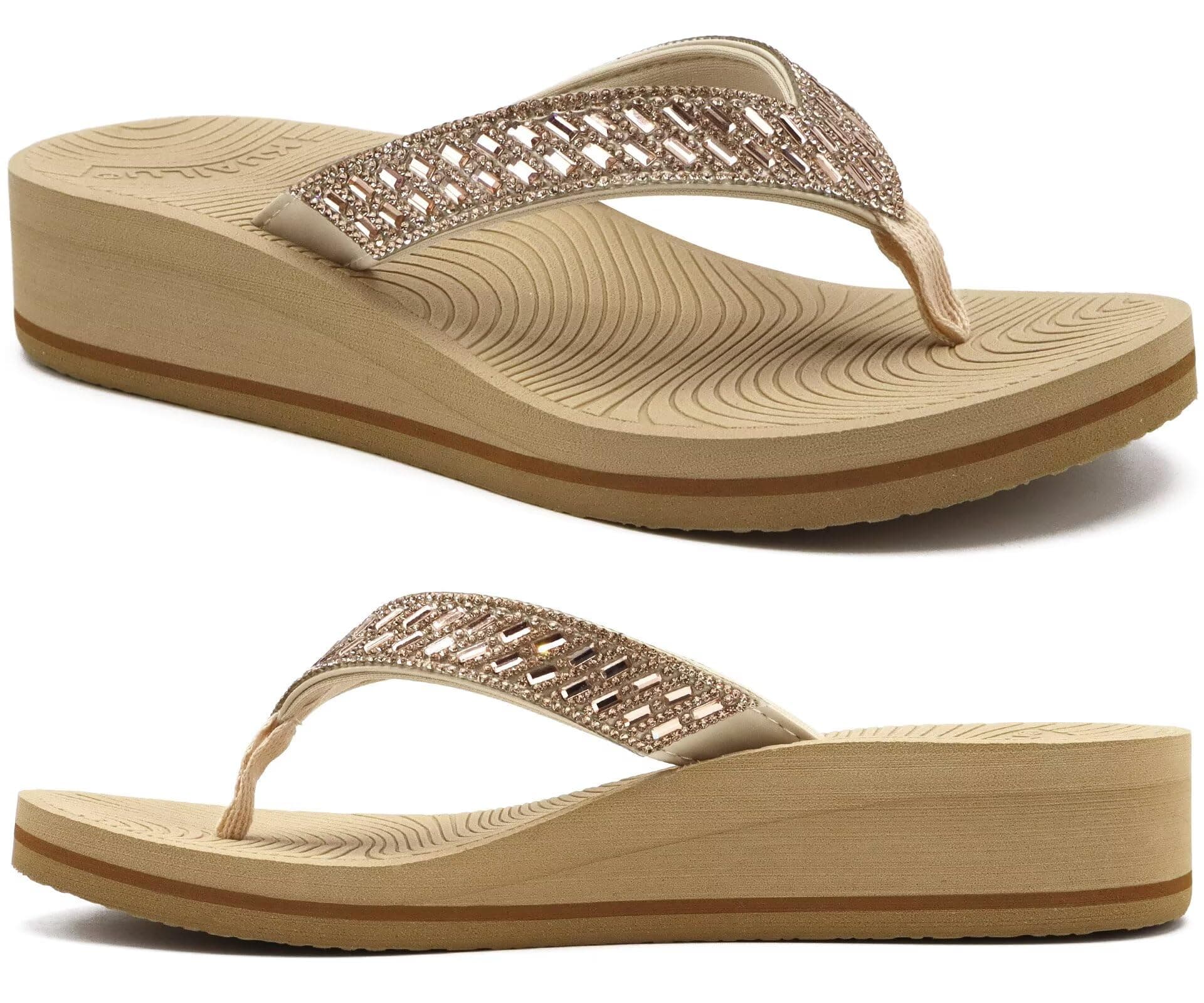 KuaiLu Women's Comfortable Rhinestone Platform Flip Flops