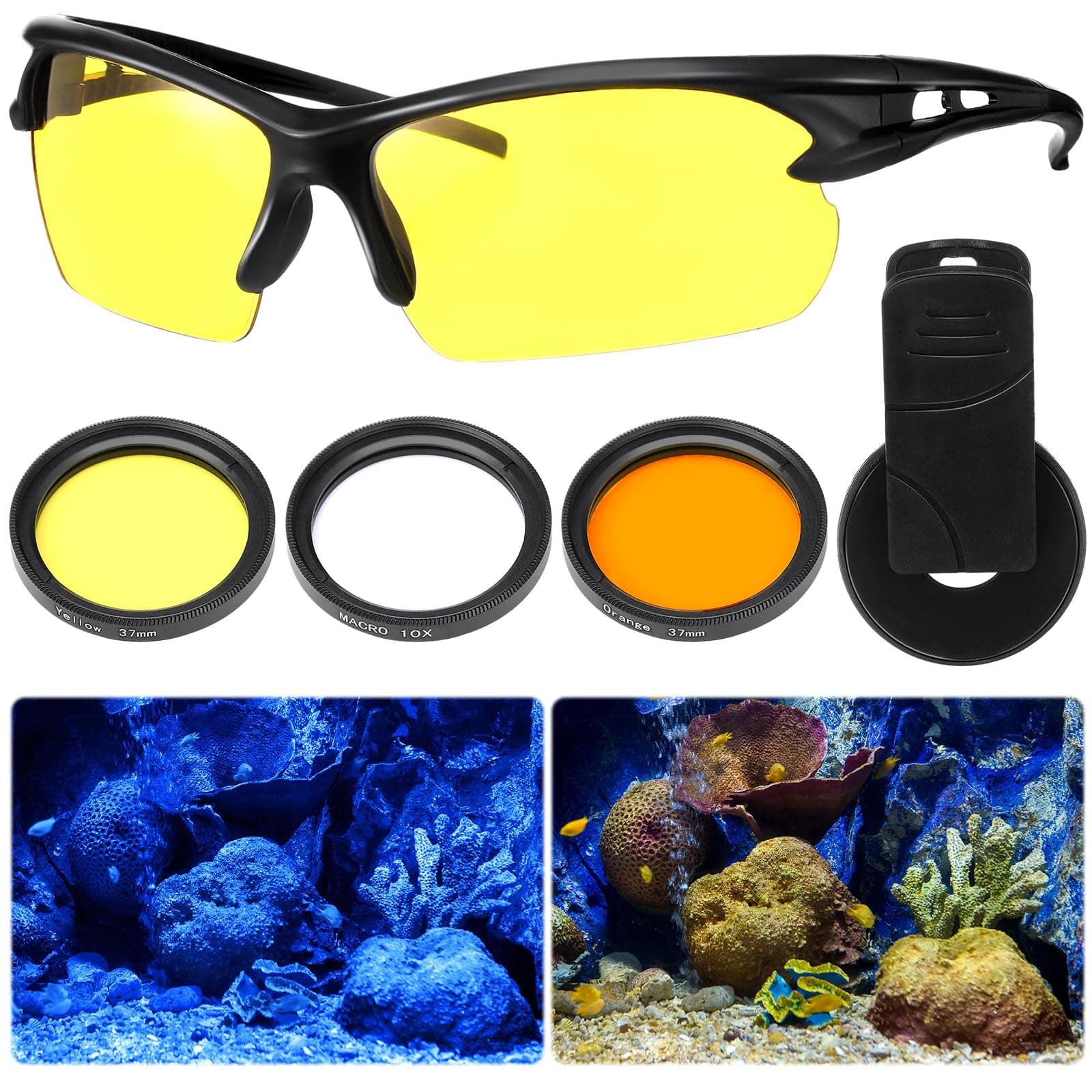 5 Pcs Coral Viewing Glasses with UV Filter Kit, 37mm Macro Lens, Yellow & Orange