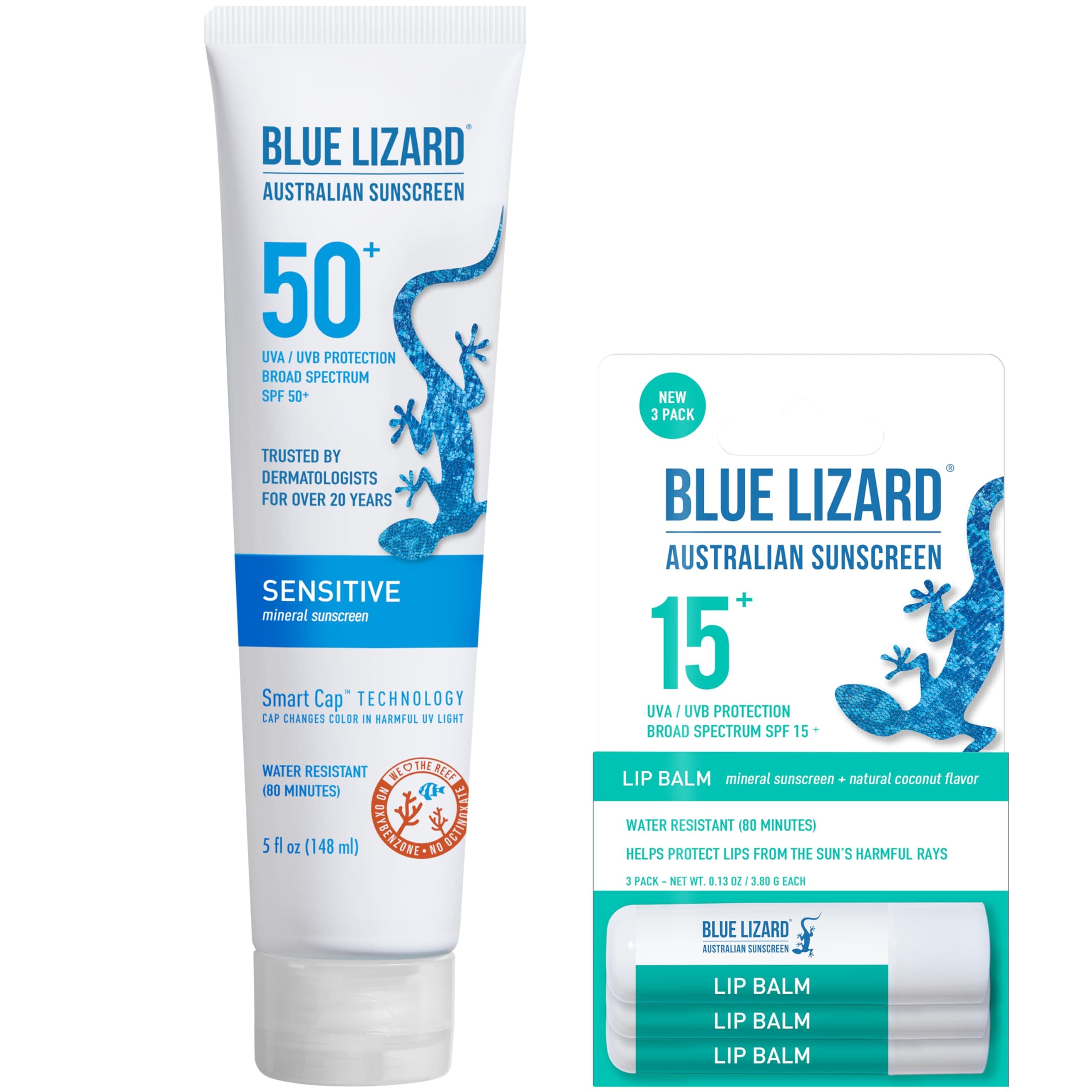 Blue Lizard Sensitive Mineral Sunscreen SPF 50 + 3-Pack Mineral Lip Balm SPF 15