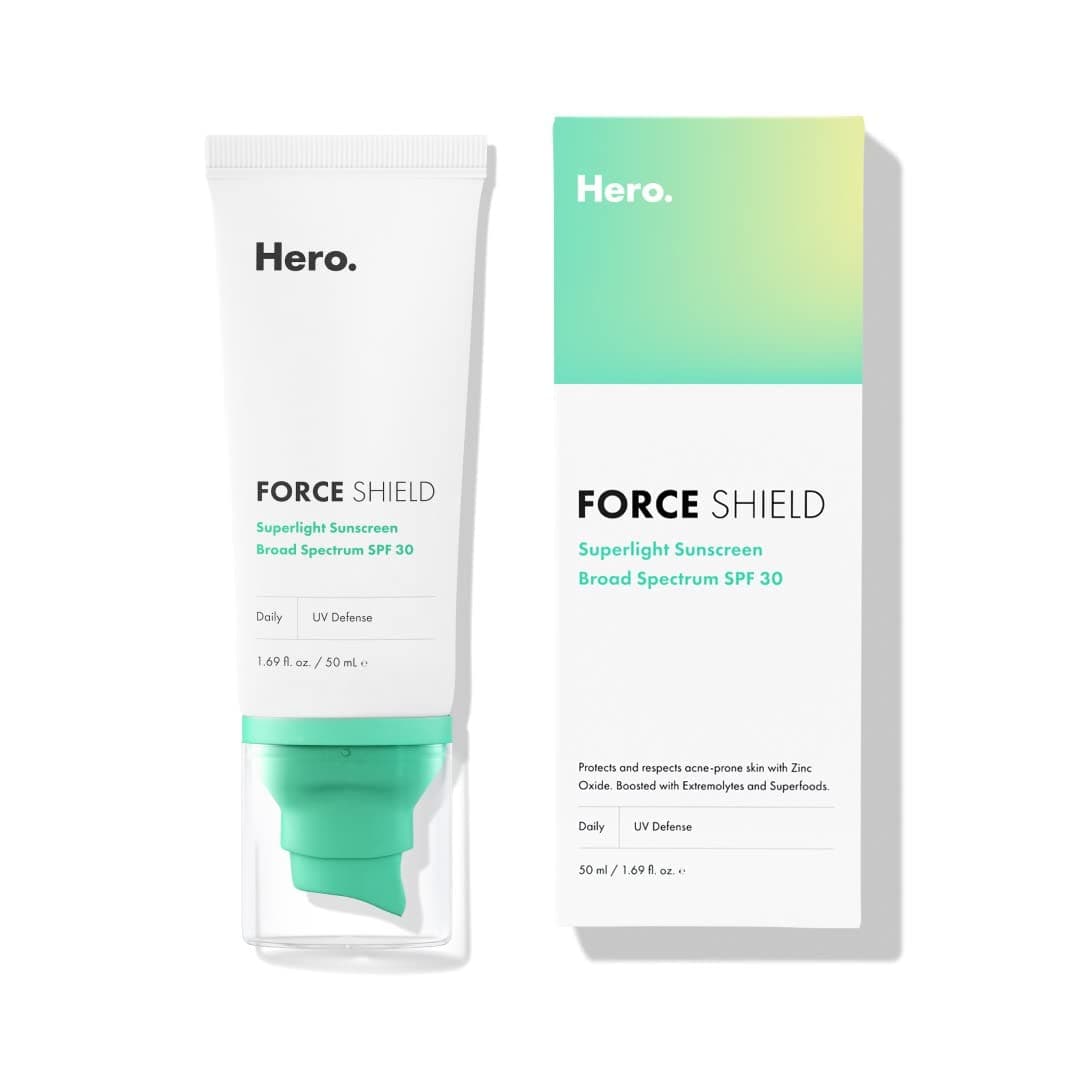 Hero Cosmetics Force Shield Superlight Sunscreen SPF 30 - Acne-Prone Skin, Zinc Oxide, Reef Safe (50 ml)