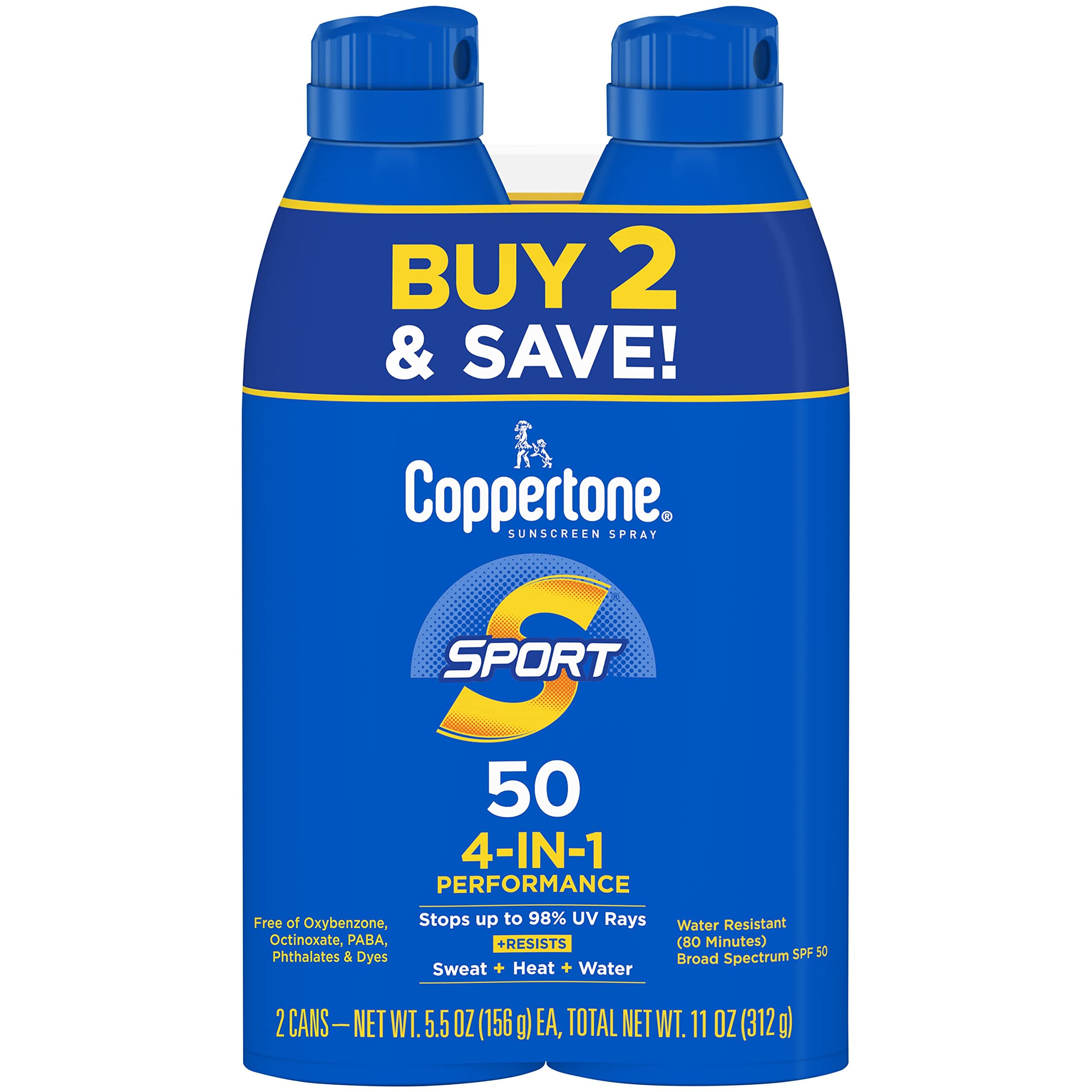 Coppertone Sport Sunscreen Spray SPF 50, Water Resistant, 5.5 Oz, Pack of 2
